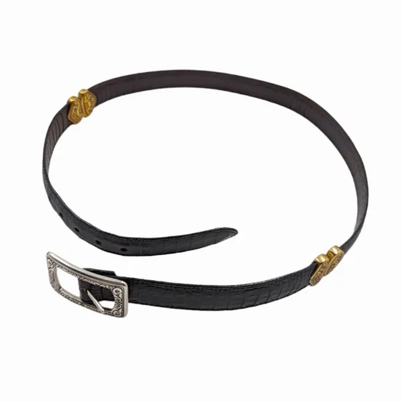 VINTAGE Leather Crocodile Reversible Brown/Black Silver/Gold Belt Handmade Gold Oval Buckle Brown Genuine Leather Crocodile  main image 2